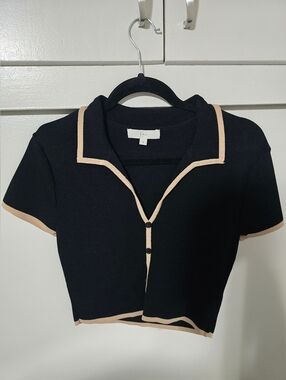 Black- Beige Trim Short Sleeve Top & Skirt Set